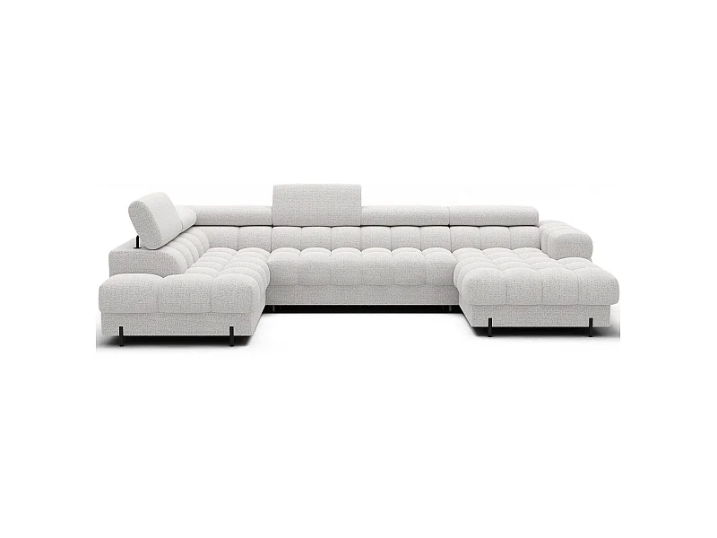 Grand canapé panoramique avec têtières réglables tissu FUZIAN – Fonction lit-Blanc-Coffre à gauche