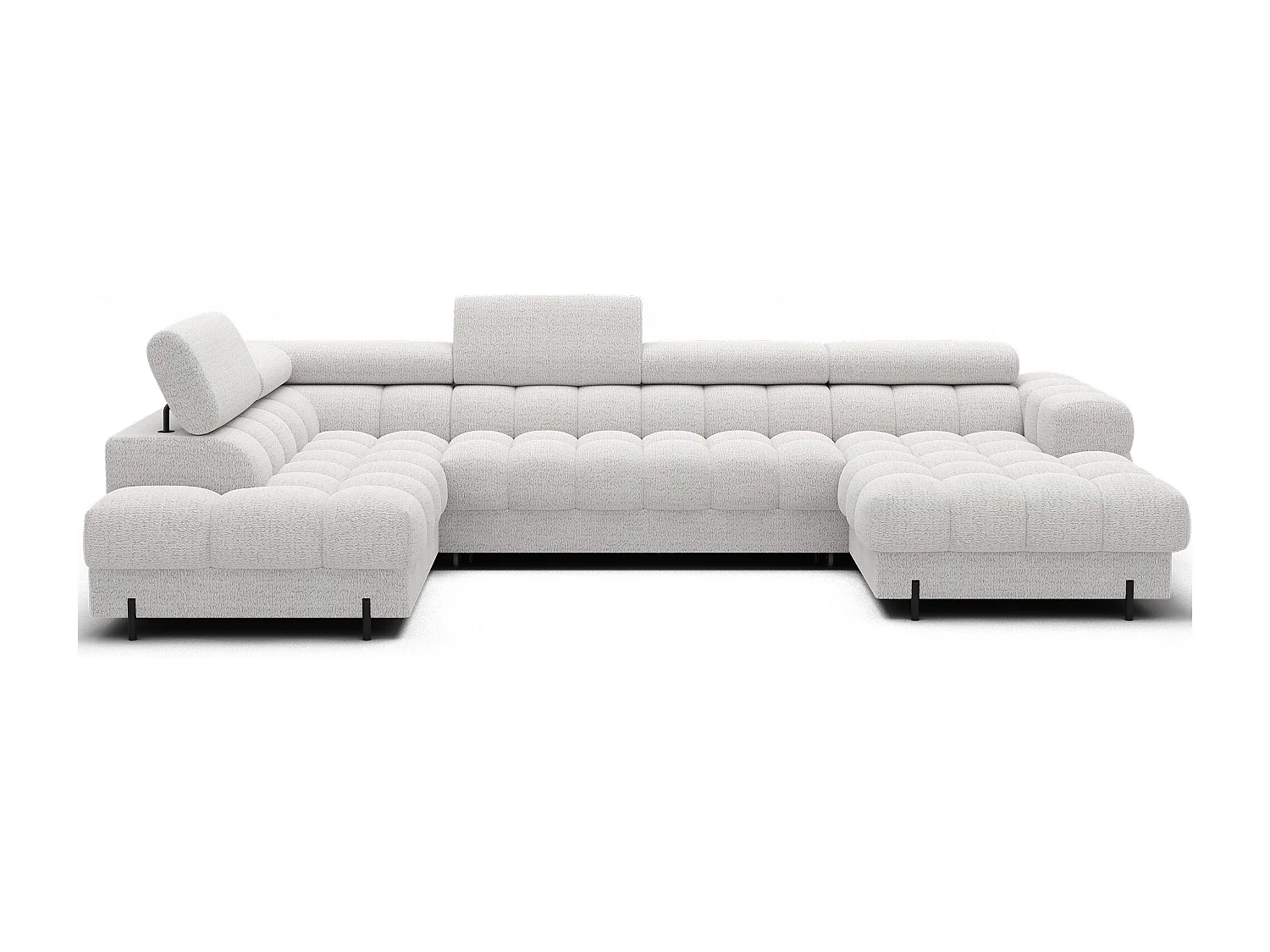 Grand canapé panoramique avec têtières réglables tissu FUZIAN – Fonction lit-Blanc-Coffre à gauche