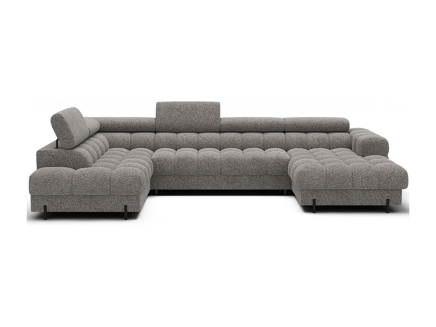 Grand canapé panoramique avec têtières réglables tissu FUZIAN – Fonction lit-Gris clair chiné-Coffre à gauche