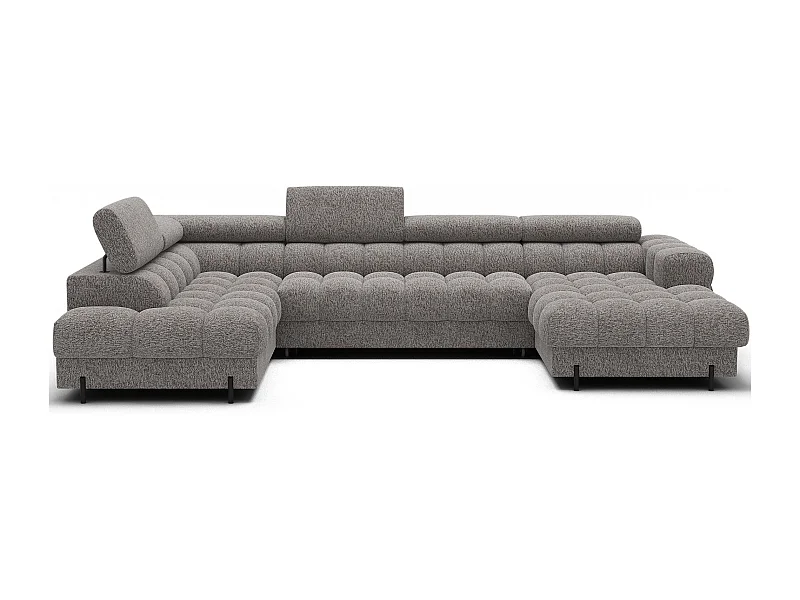 Grand canapé panoramique avec têtières réglables tissu FUZIAN – Fonction lit-Gris clair chiné-Coffre à gauche