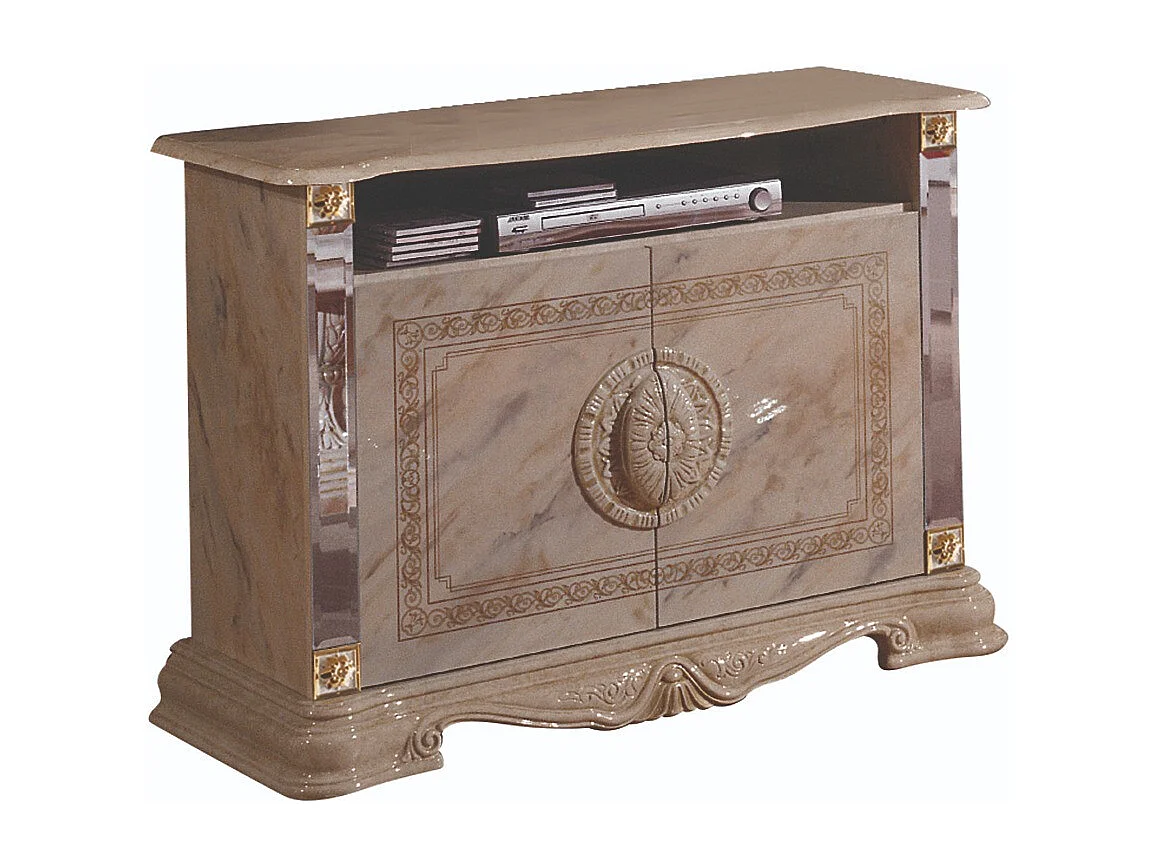 Meuble TV 2 portes 1 niche bois vernis laqué brillant beige et onyx effet marbré Lesly 106cm