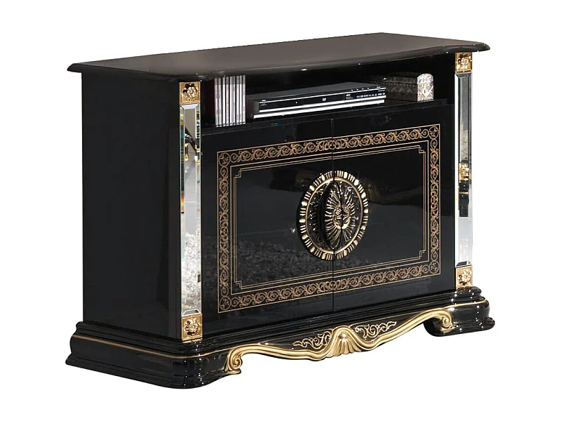 Meuble TV 2 portes 1 niche bois vernis laqué brillant noir et doré Lesly 106cm