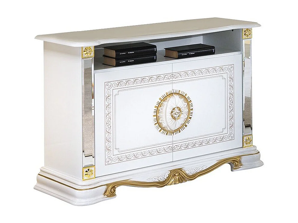 Meuble TV 2 portes 1 niche bois vernis laqué brillant blanc et doré Lesly 106cm