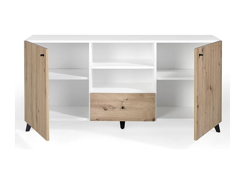 Lazeto Aparador de 2 puertas y 1 cajón en roble claro y madera blanca, 180 cm
