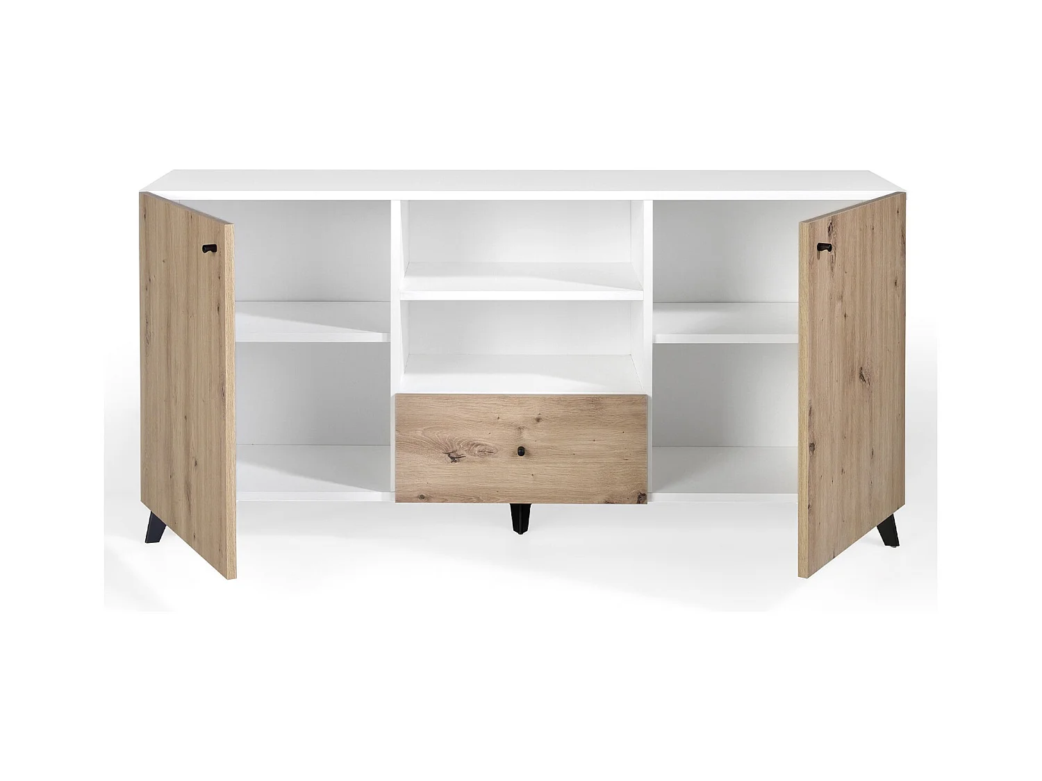 Lazeto Aparador de 2 puertas y 1 cajón en roble claro y madera blanca, 180 cm
