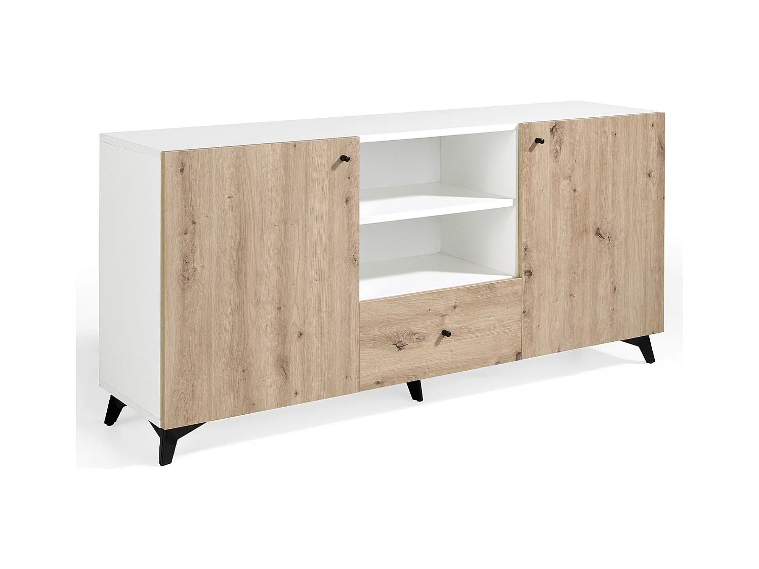 Lazeto Aparador de 2 puertas y 1 cajón en roble claro y madera blanca, 180 cm