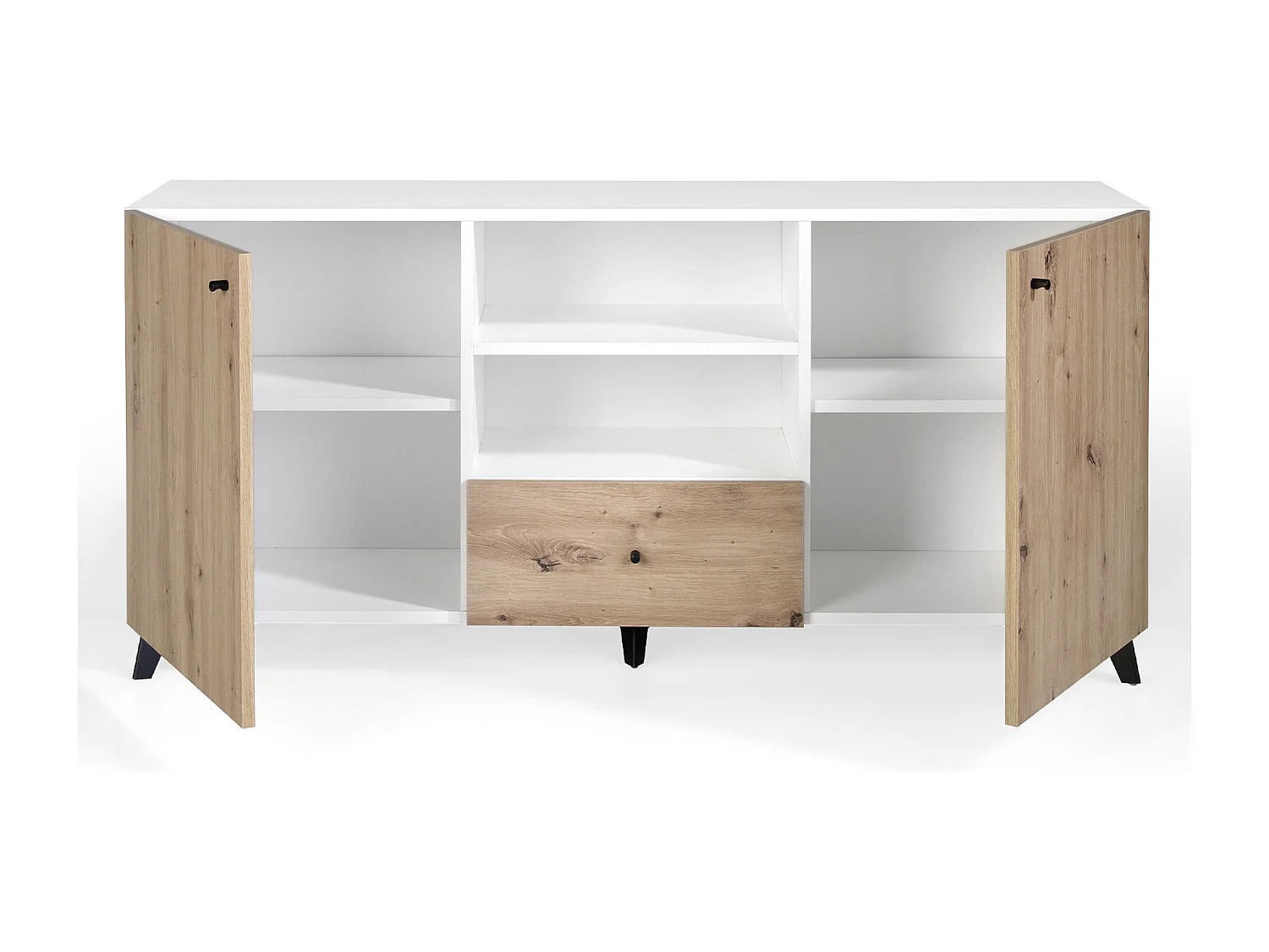 Lazeto Aparador de 2 puertas y 1 cajón en roble claro y madera blanca, 180 cm