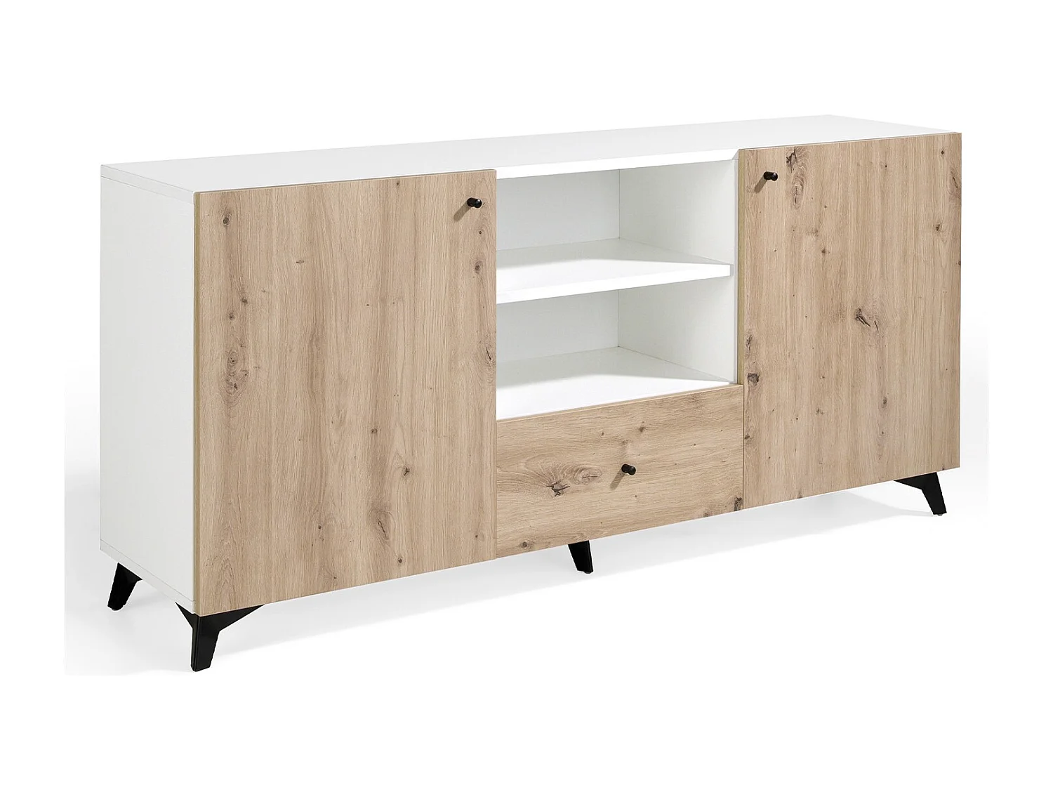 Lazeto Aparador de 2 puertas y 1 cajón en roble claro y madera blanca, 180 cm