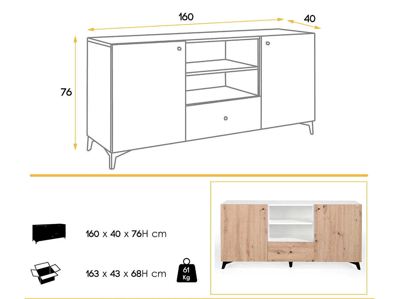 Lazeto Aparador de 2 puertas y 1 cajón en roble claro y madera blanca, 180 cm
