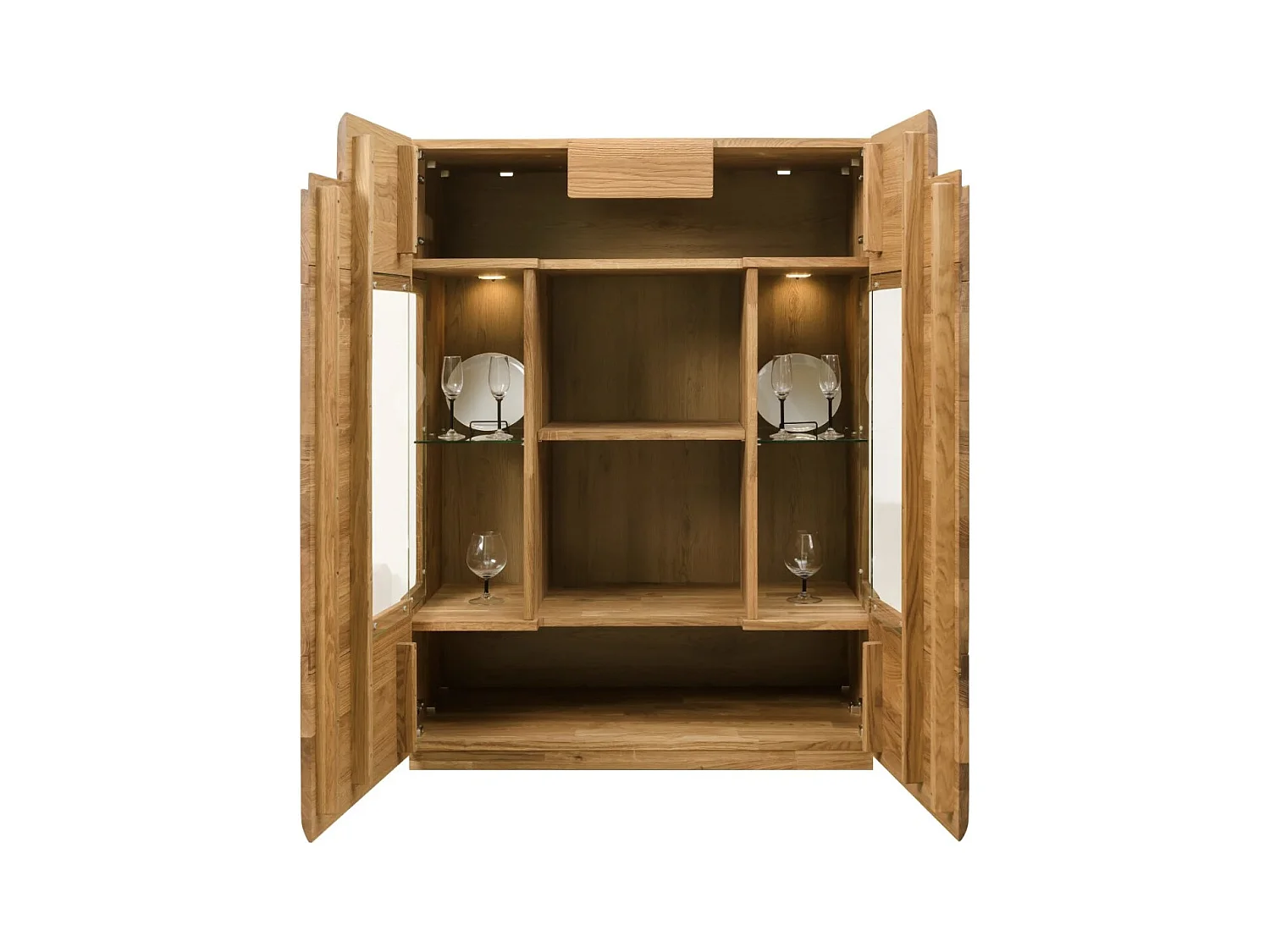 Aparador con expositor en madera maciza de roble miel Divina 100 cm