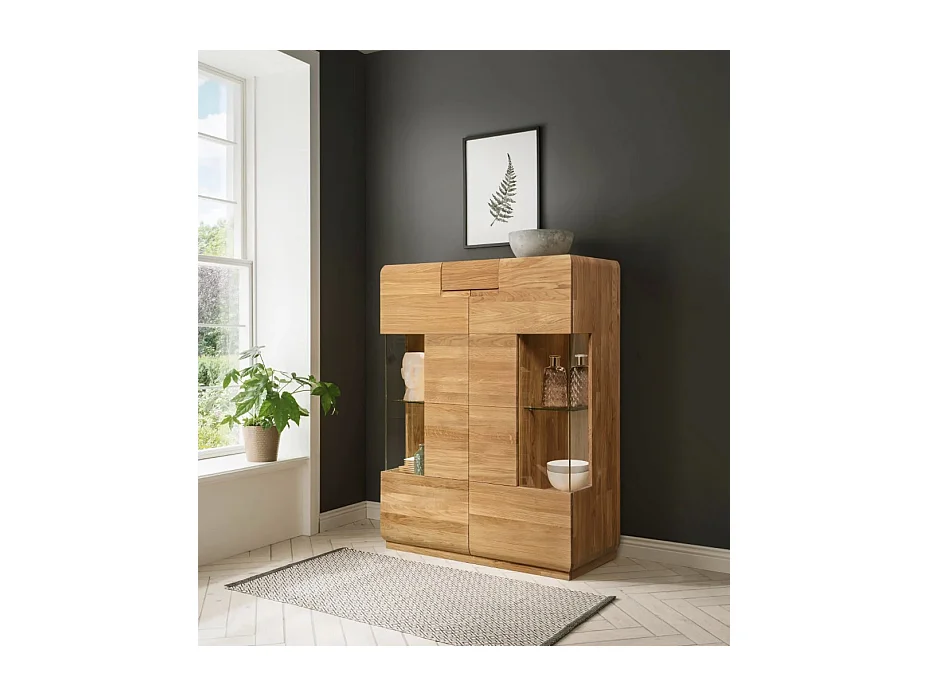 Aparador con expositor en madera maciza de roble miel Divina 100 cm