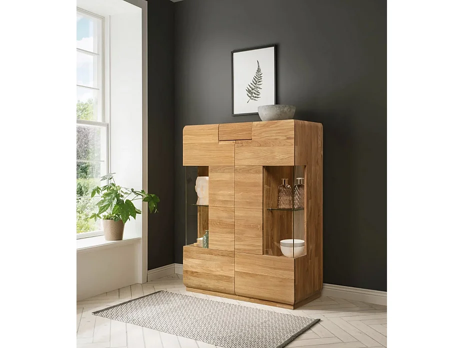 Aparador con expositor en madera maciza de roble miel Divina 100 cm