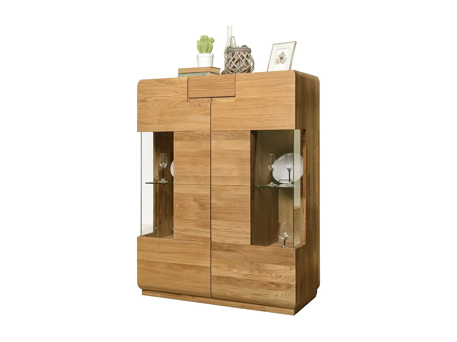 Aparador con expositor en madera maciza de roble miel Divina 100 cm