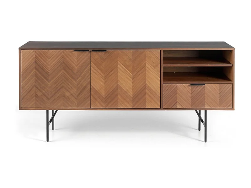 Paoli Aparador moderno de 2 puertas y 1 cajón en nogal con patas de acero negro 180 cm