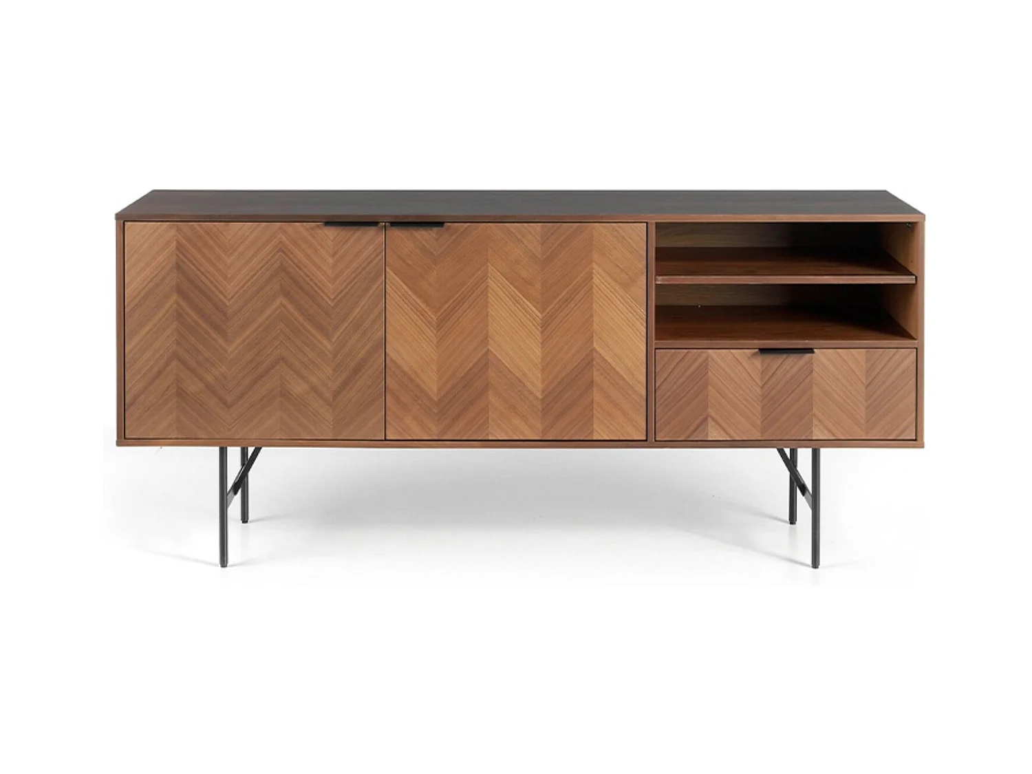 Paoli Aparador moderno de 2 puertas y 1 cajón en nogal con patas de acero negro 180 cm