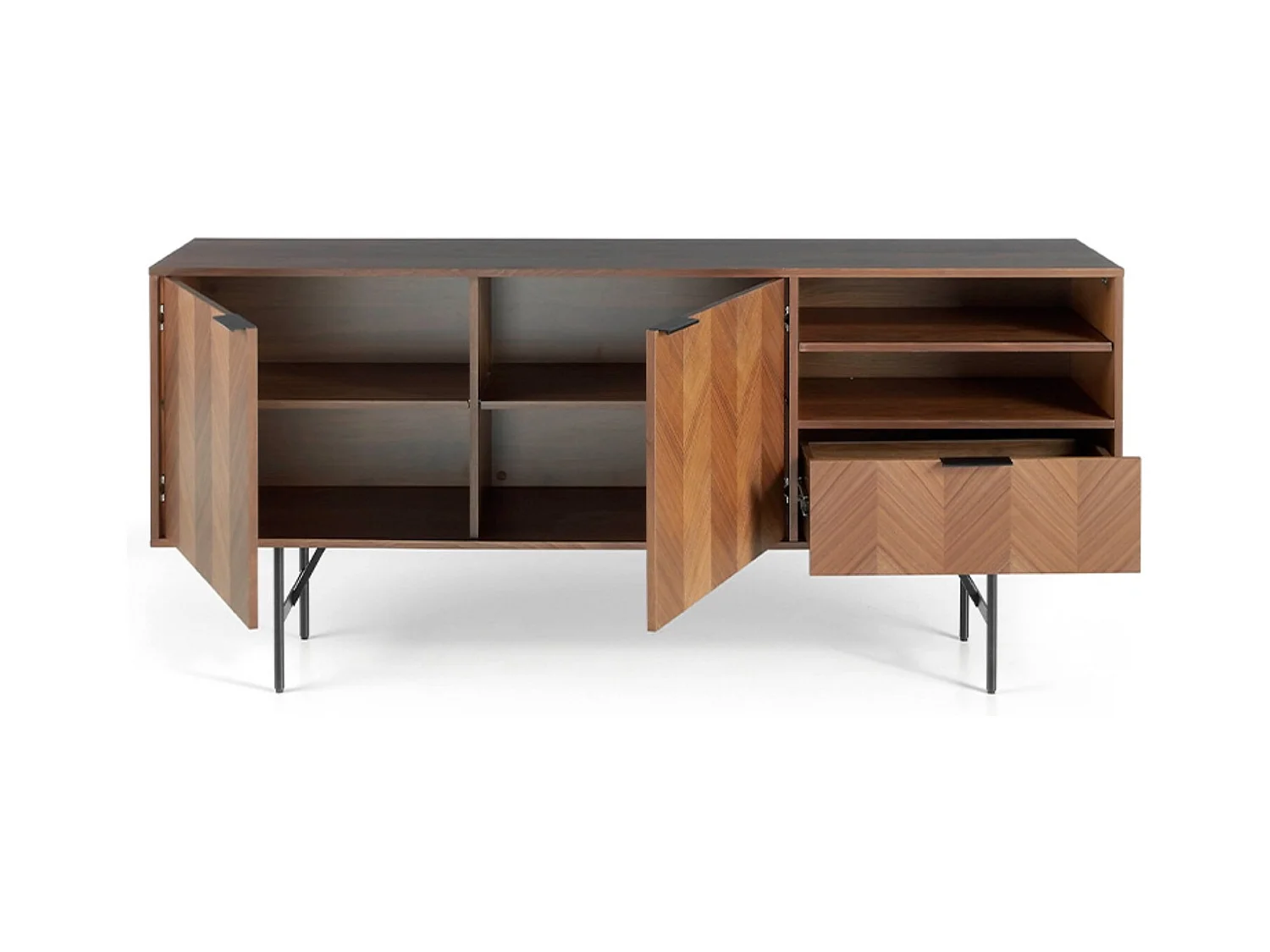 Paoli Aparador moderno de 2 puertas y 1 cajón en nogal con patas de acero negro 180 cm