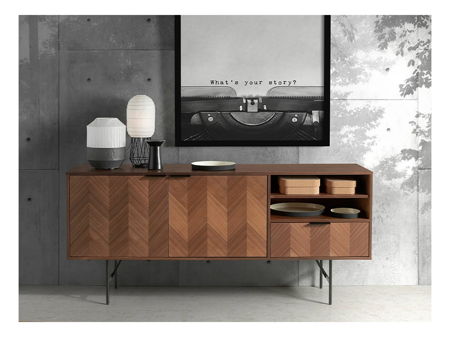 Paoli Aparador moderno de 2 puertas y 1 cajón en nogal con patas de acero negro 180 cm