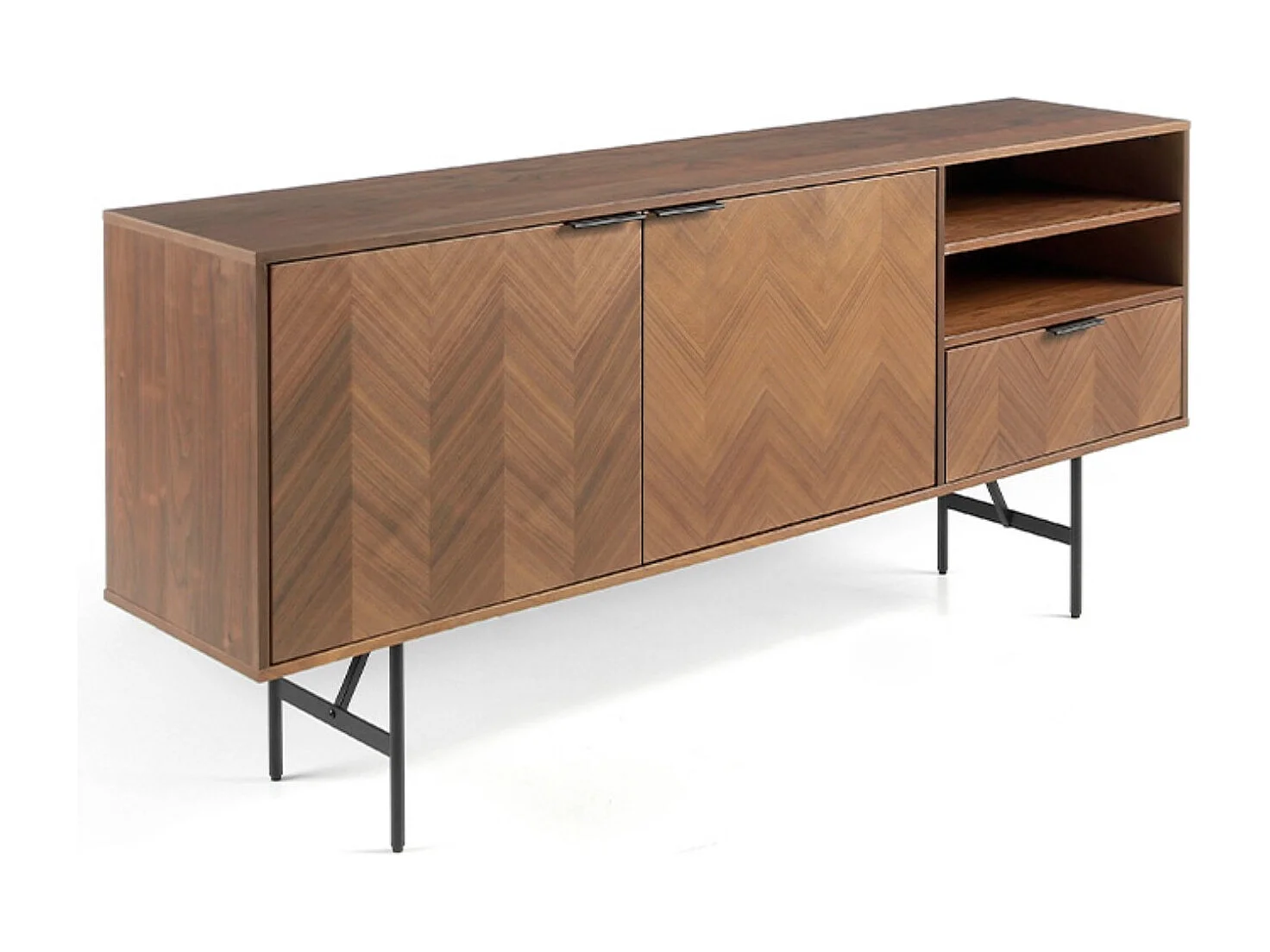 Paoli Aparador moderno de 2 puertas y 1 cajón en nogal con patas de acero negro 180 cm