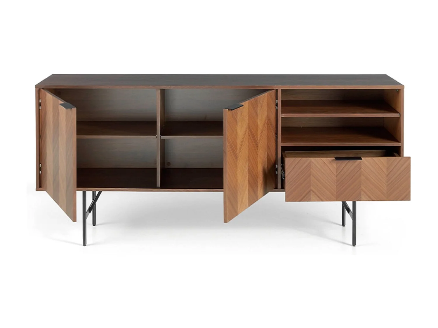 Paoli Aparador moderno de 2 puertas y 1 cajón en nogal con patas de acero negro 180 cm