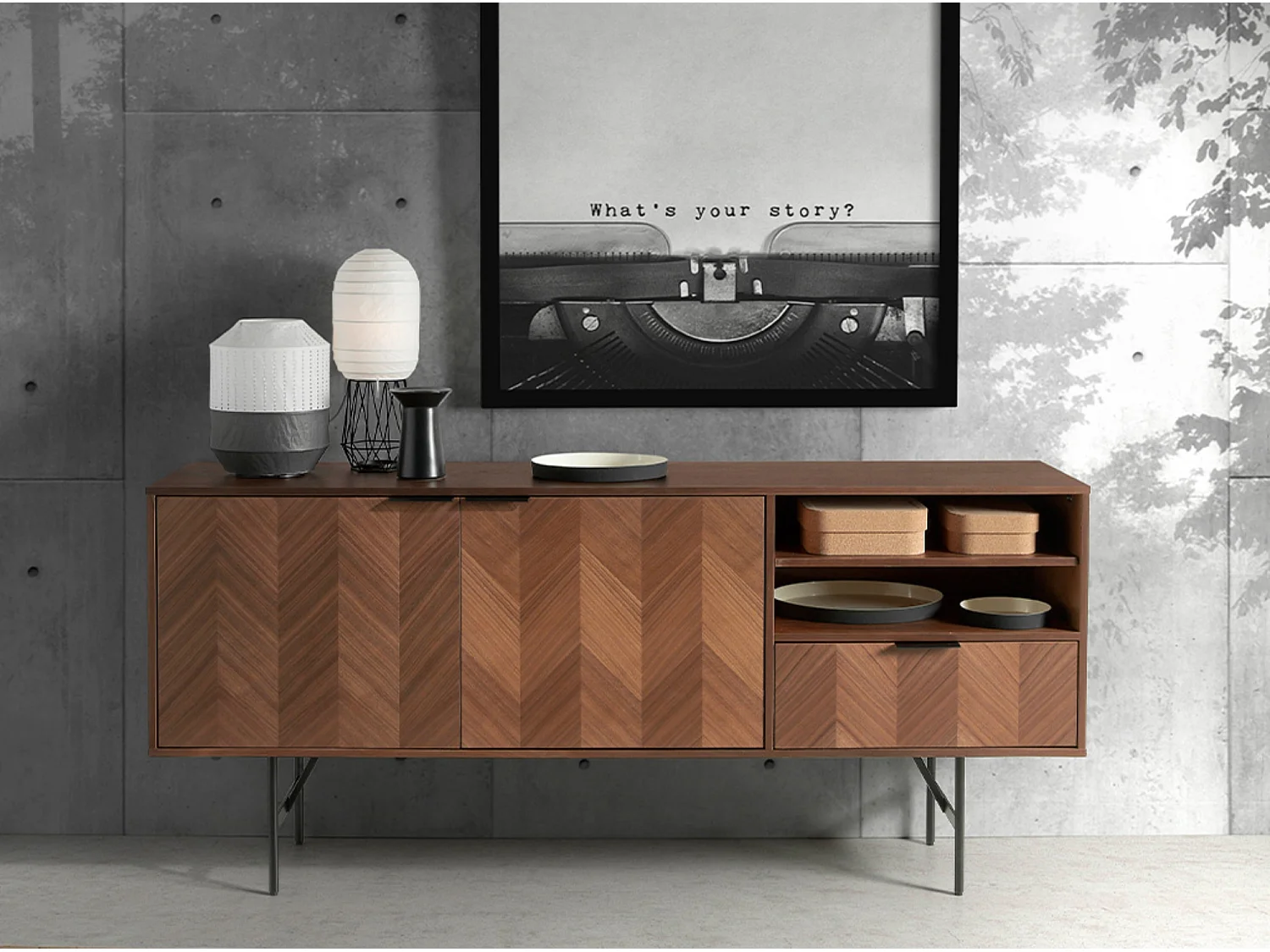 Paoli Aparador moderno de 2 puertas y 1 cajón en nogal con patas de acero negro 180 cm