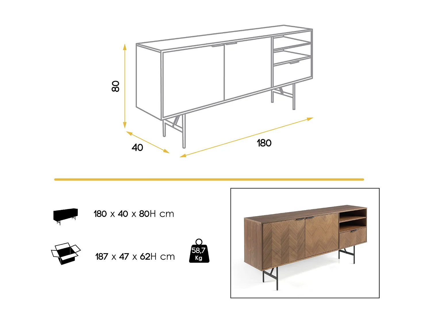 Paoli Aparador moderno de 2 puertas y 1 cajón en nogal con patas de acero negro 180 cm
