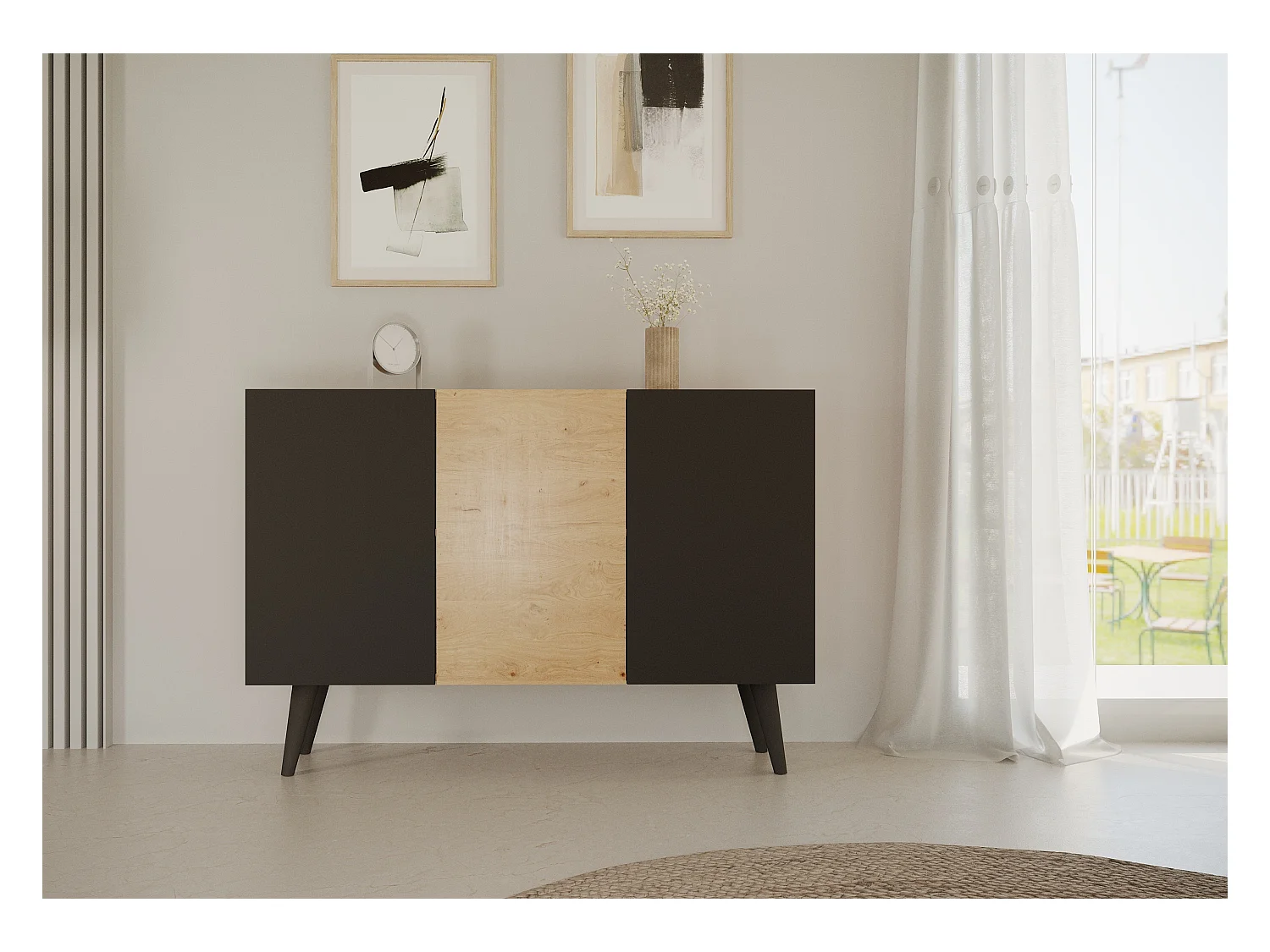 Cómoda Rolia 3 puertas 120 cm-Color Natural y negro