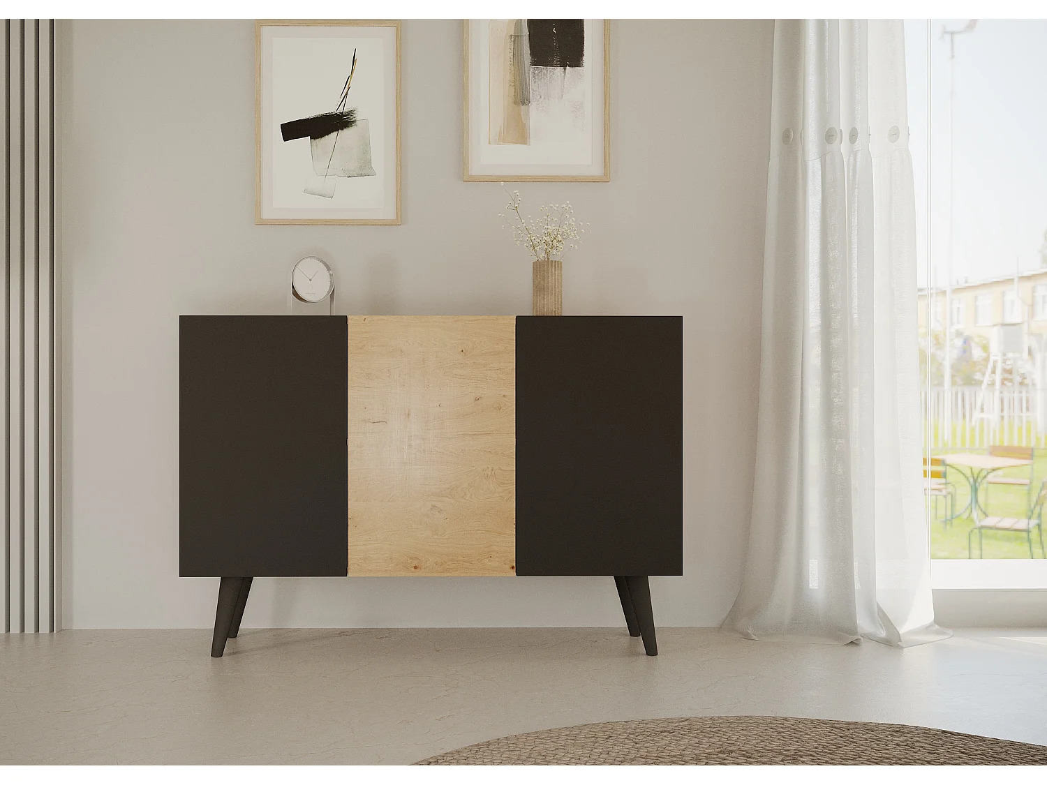 Cómoda Rolia 3 puertas 120 cm-Color Natural y negro