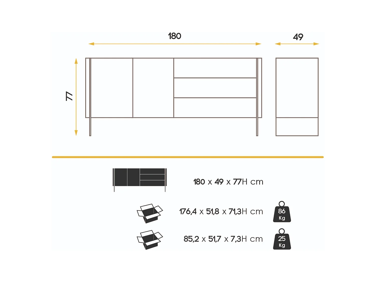 Aparador moderno Belina 2 puertas 3 cajones lacado blanco y cristal templado 180 cm