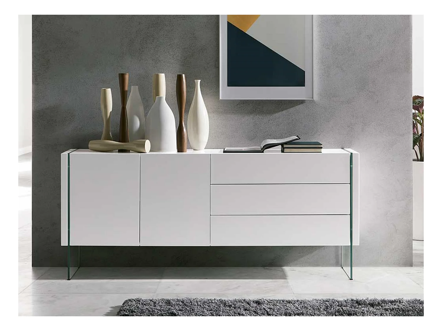 Aparador moderno Belina 2 puertas 3 cajones lacado blanco y cristal templado 180 cm