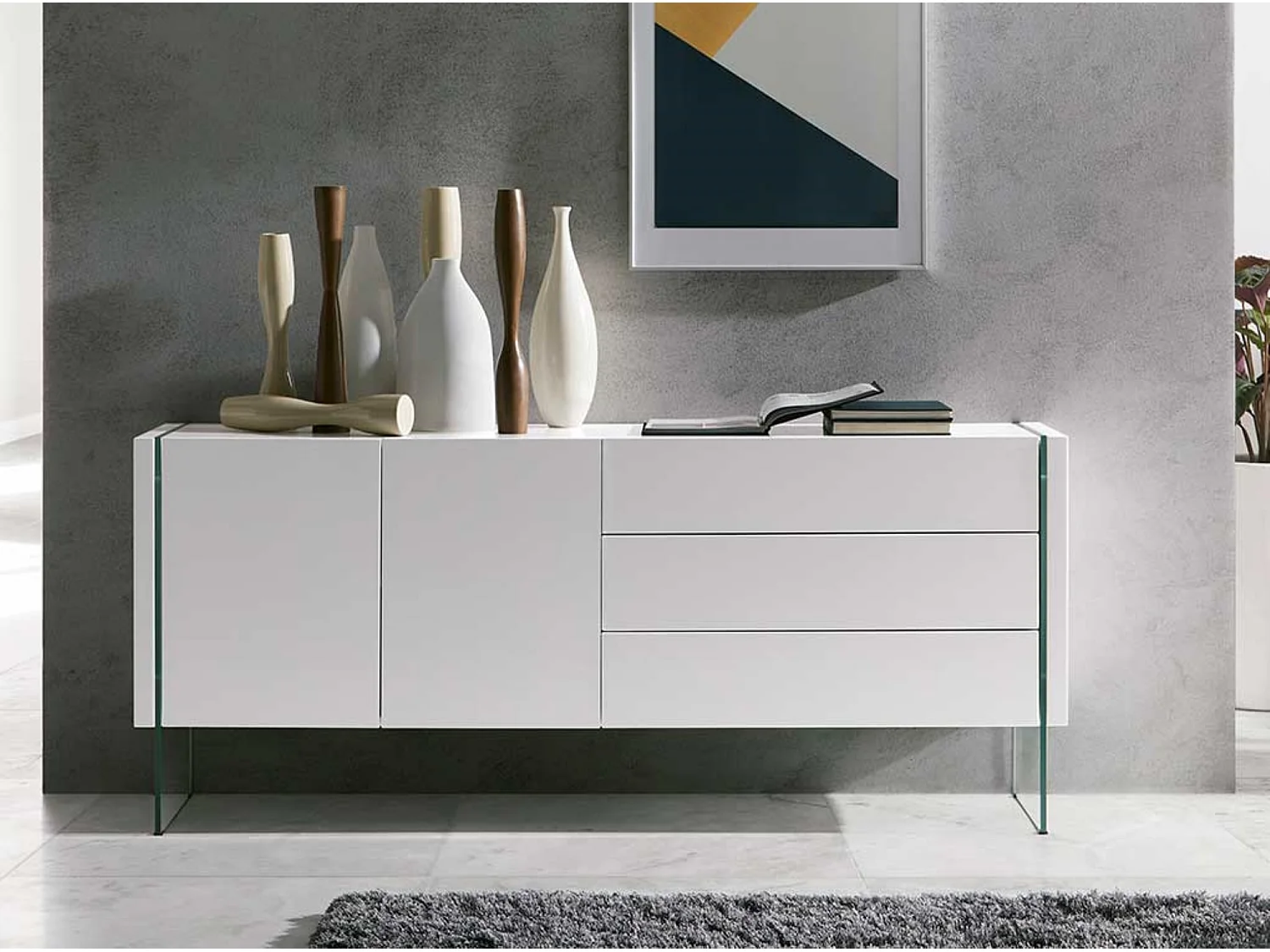 Aparador moderno Belina 2 puertas 3 cajones lacado blanco y cristal templado 180 cm