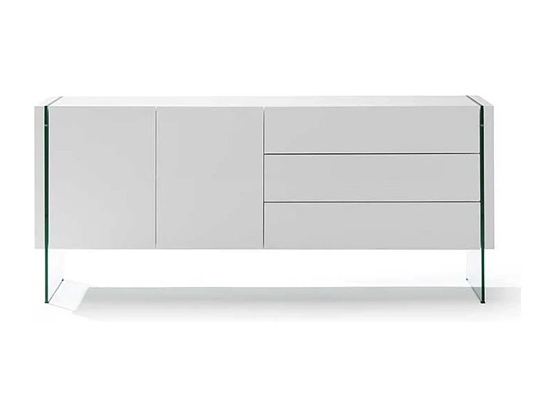 Aparador moderno Belina 2 puertas 3 cajones lacado blanco y cristal templado 180 cm