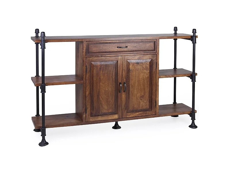 Aparador industrial 1 cajón 2 puertas hierro negro y mango marrón Kouba 160 cm