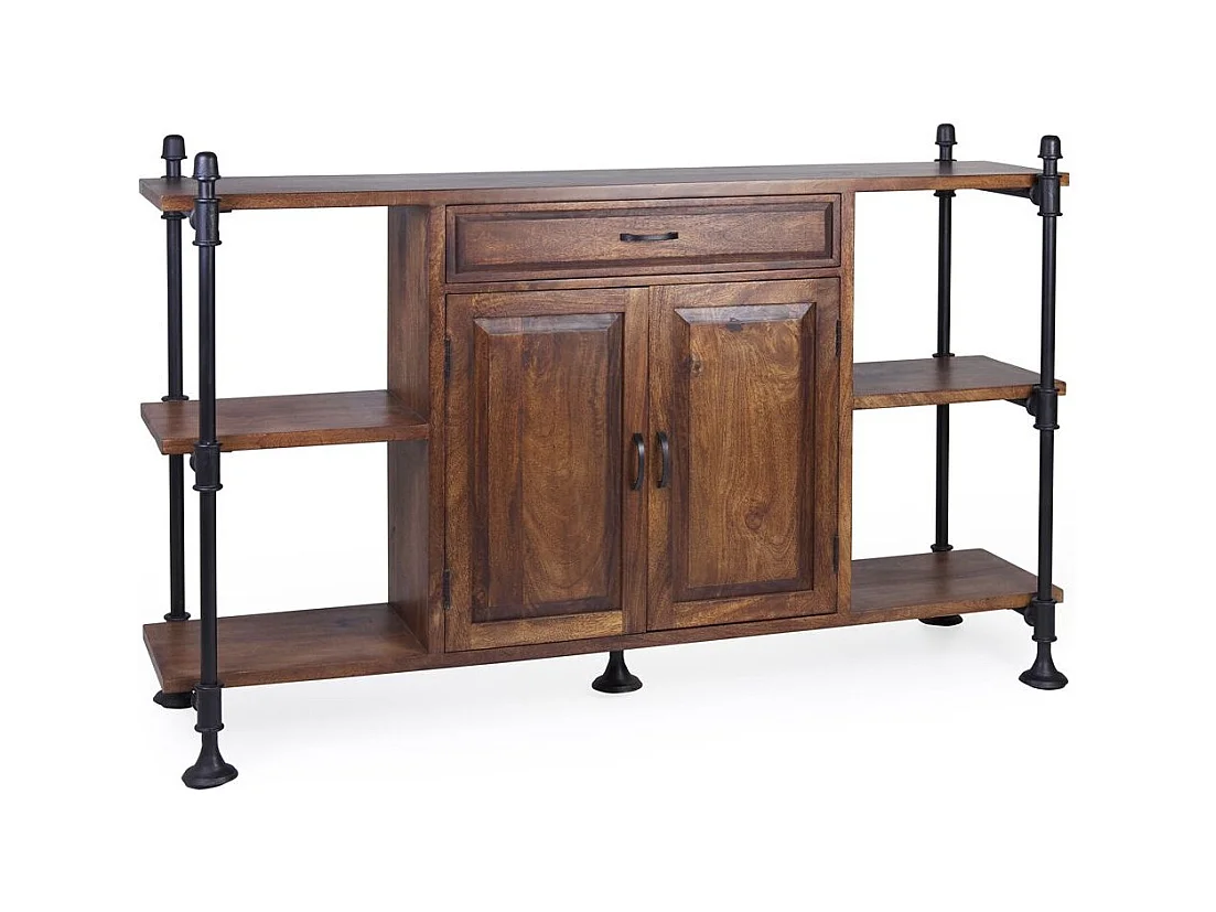 Aparador industrial 1 cajón 2 puertas hierro negro y mango marrón Kouba 160 cm