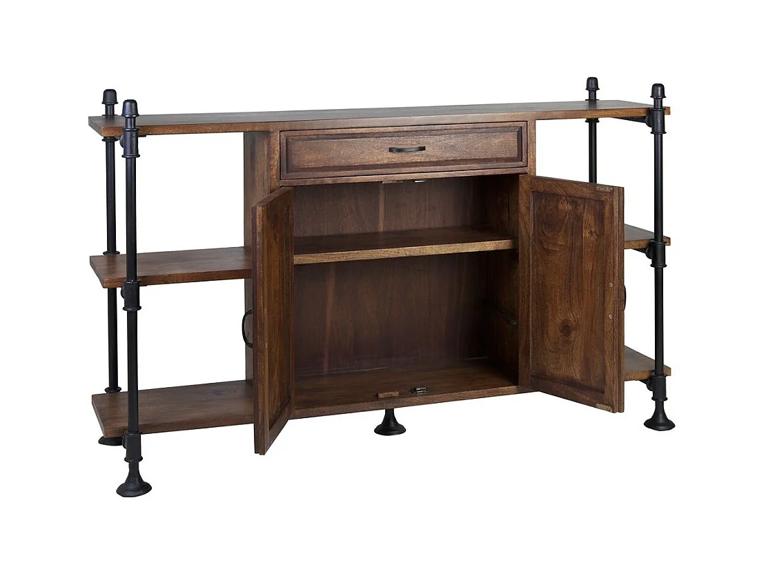 Aparador industrial 1 cajón 2 puertas hierro negro y mango marrón Kouba 160 cm