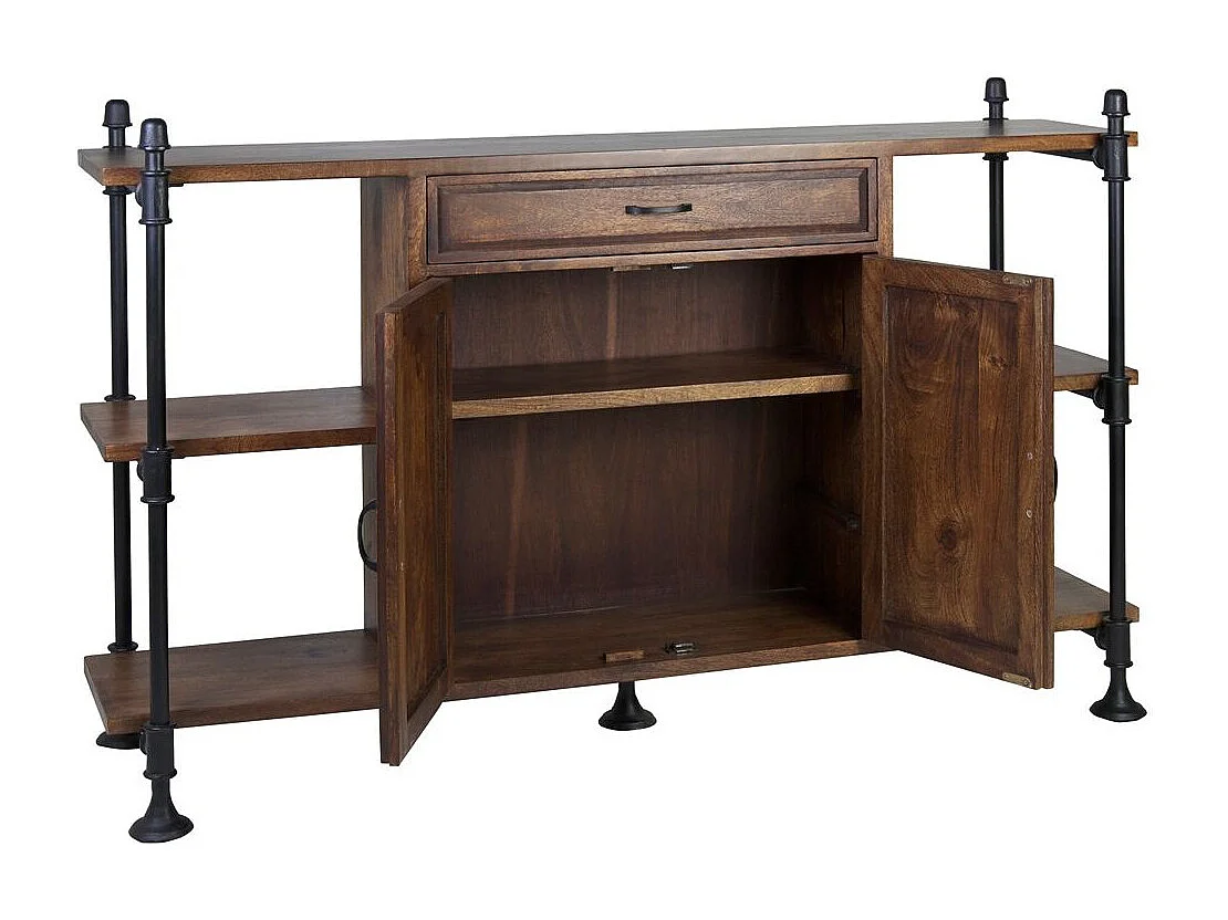 Aparador industrial 1 cajón 2 puertas hierro negro y mango marrón Kouba 160 cm