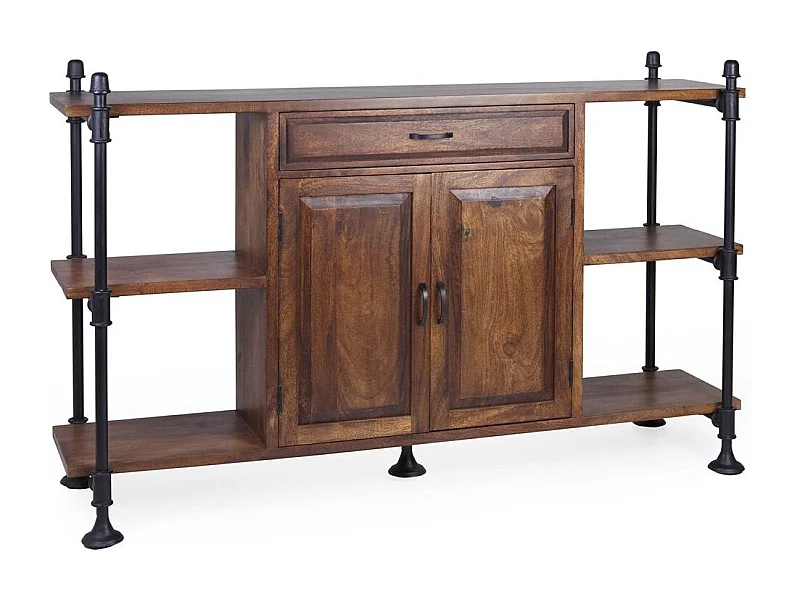 Aparador industrial 1 cajón 2 puertas hierro negro y mango marrón Kouba 160 cm