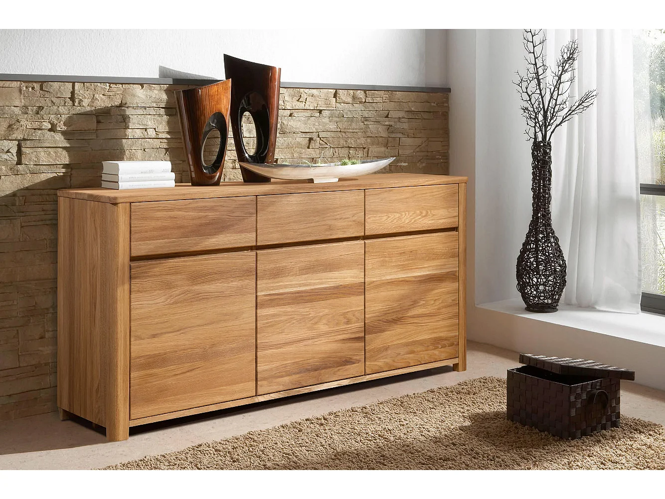 Aparador roble macizo 3 puertas 3 cajones Eliza 146 cm