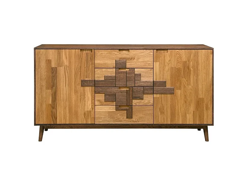 Aparador roble macizo natural y marrón 2 puertas 4 cajones Thayla 160 cm