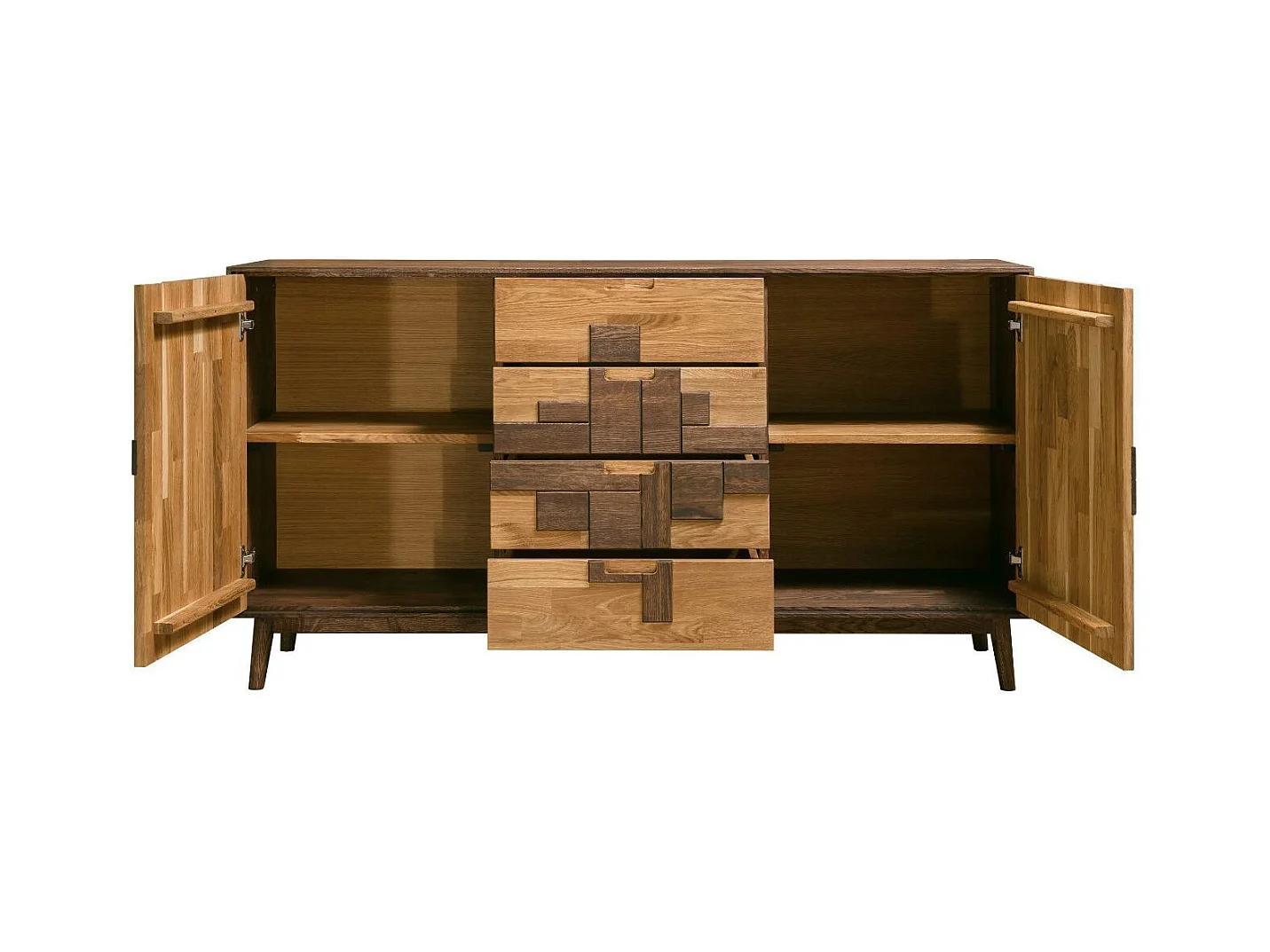 Aparador roble macizo natural y marrón 2 puertas 4 cajones Thayla 160 cm