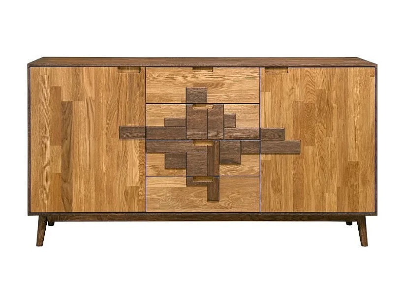 Aparador roble macizo natural y marrón 2 puertas 4 cajones Thayla 160 cm