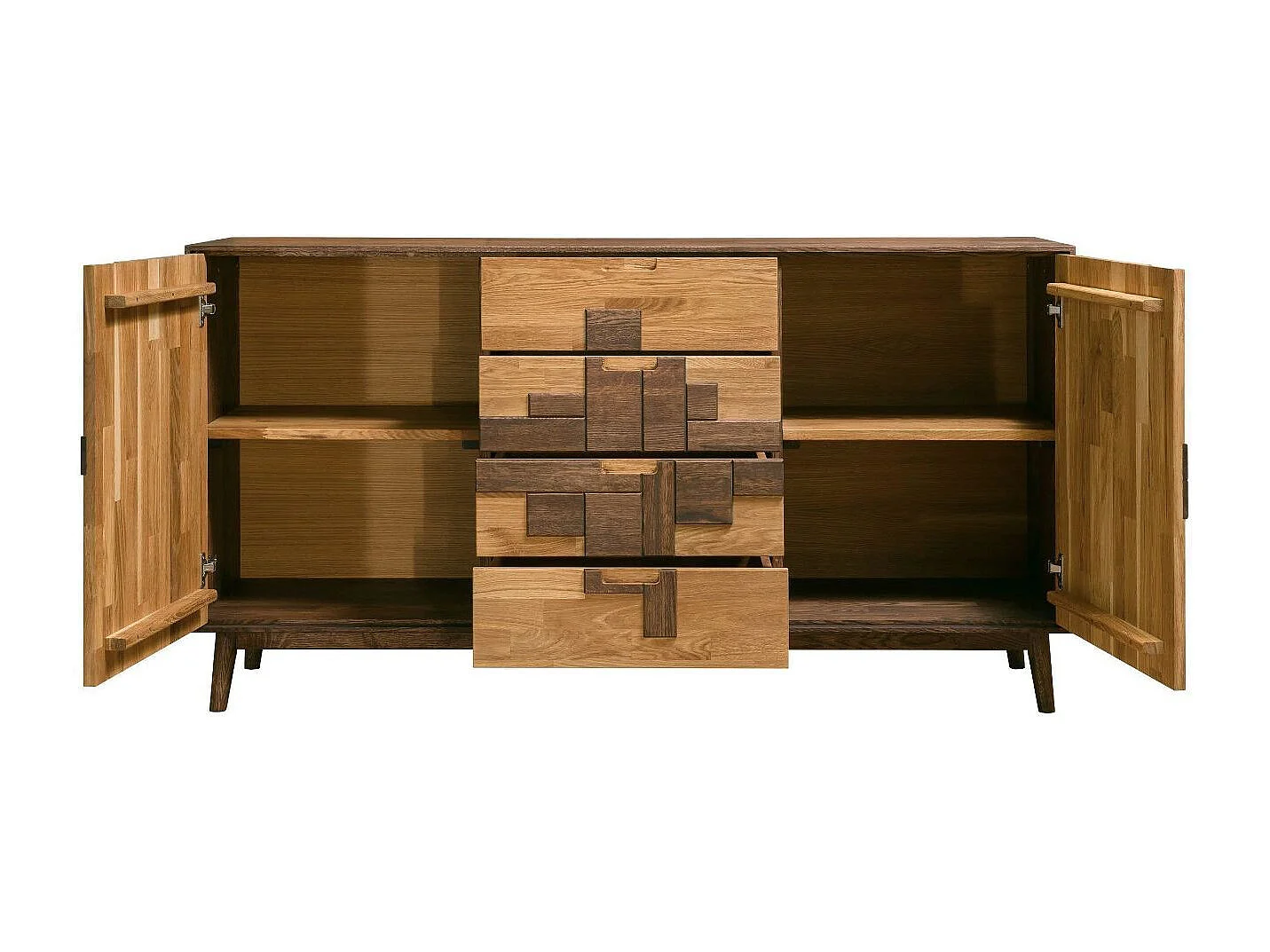 Aparador roble macizo natural y marrón 2 puertas 4 cajones Thayla 160 cm