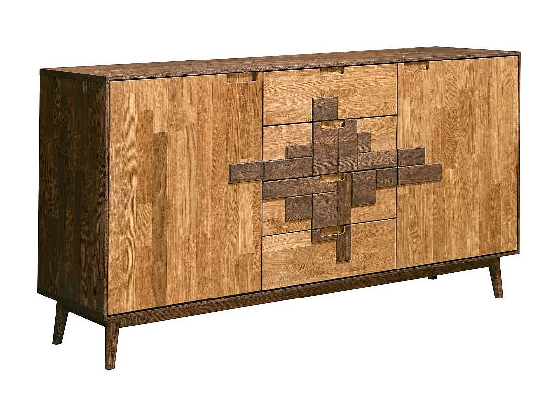 Aparador roble macizo natural y marrón 2 puertas 4 cajones Thayla 160 cm