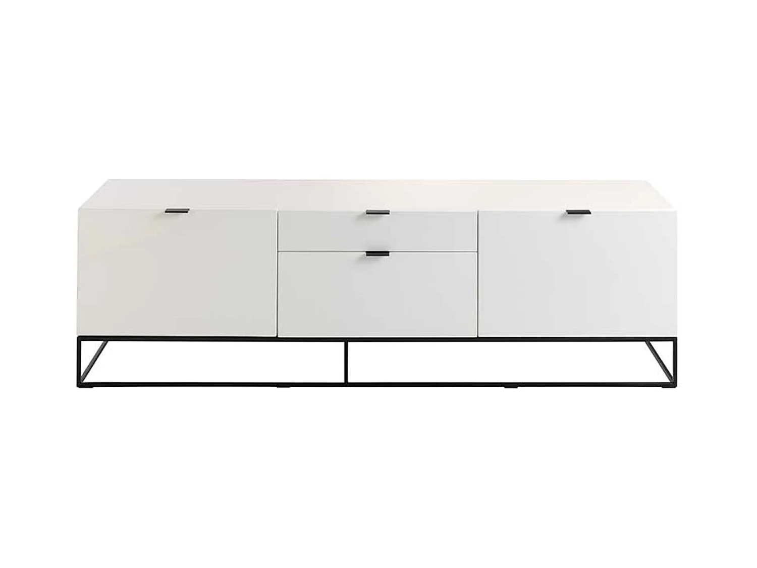 Aparador bajo moderno de 2 puertas y 2 cajones en madera lacada en blanco y acero negro Valina 180 cm