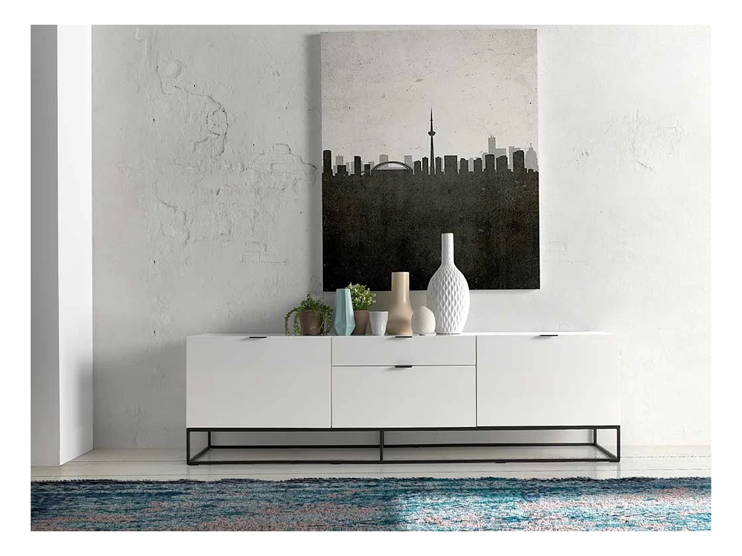 Aparador bajo moderno de 2 puertas y 2 cajones en madera lacada en blanco y acero negro Valina 180 cm