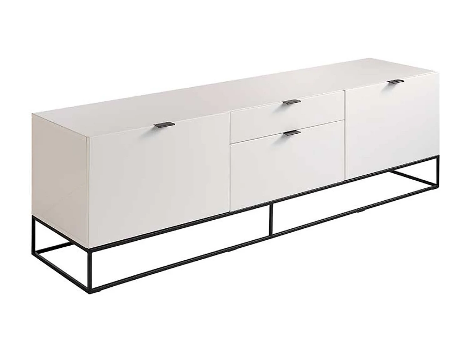 Aparador bajo moderno de 2 puertas y 2 cajones en madera lacada en blanco y acero negro Valina 180 cm