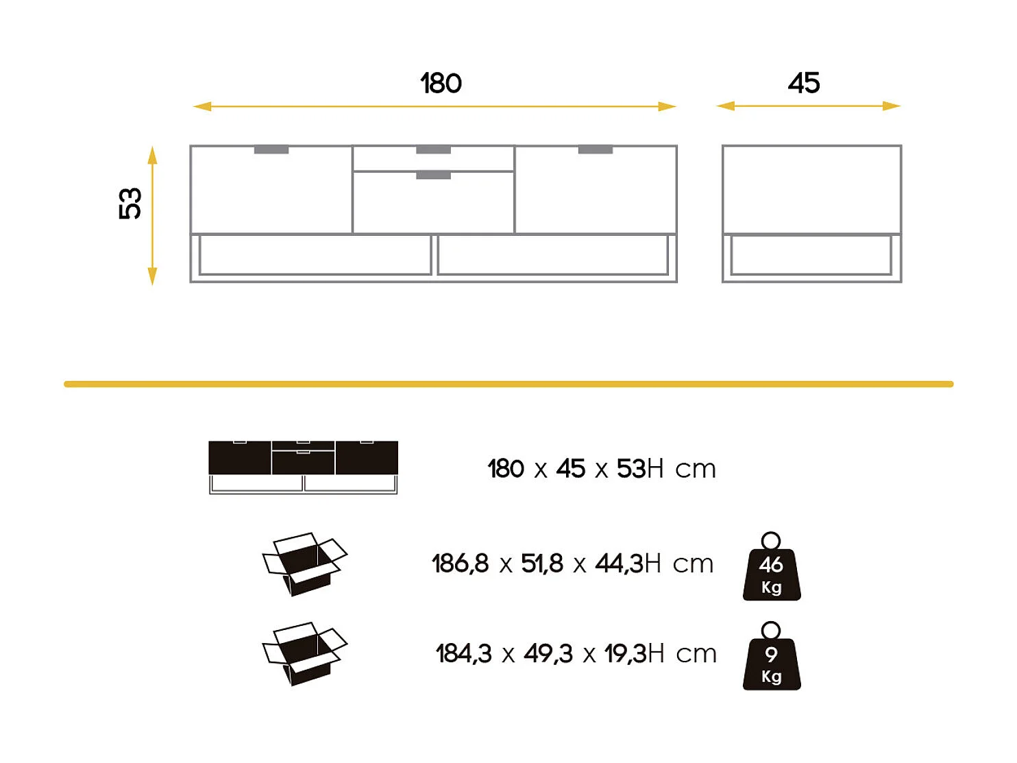 Aparador bajo moderno de 2 puertas y 2 cajones en madera lacada en blanco y acero negro Valina 180 cm