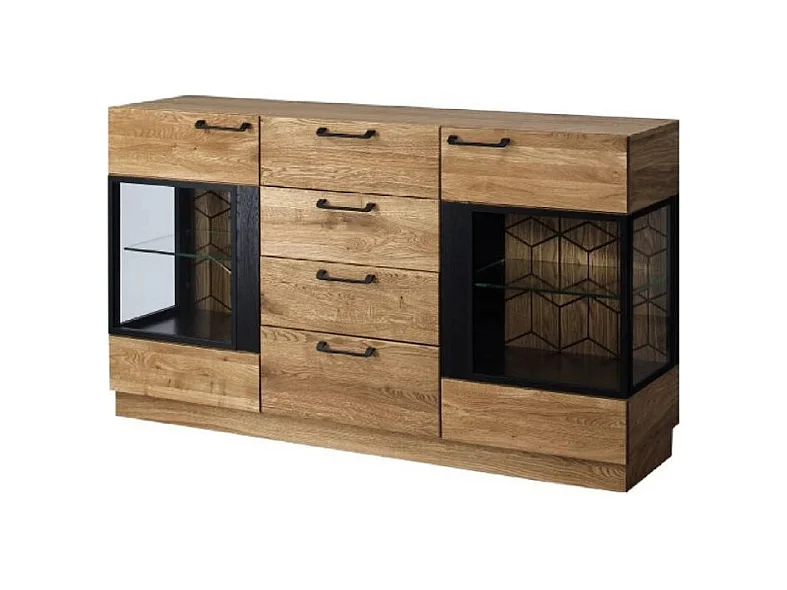 Buffet en madera de roble miel y acero negro 2 puertas 4 cajones Mazora 170 cm