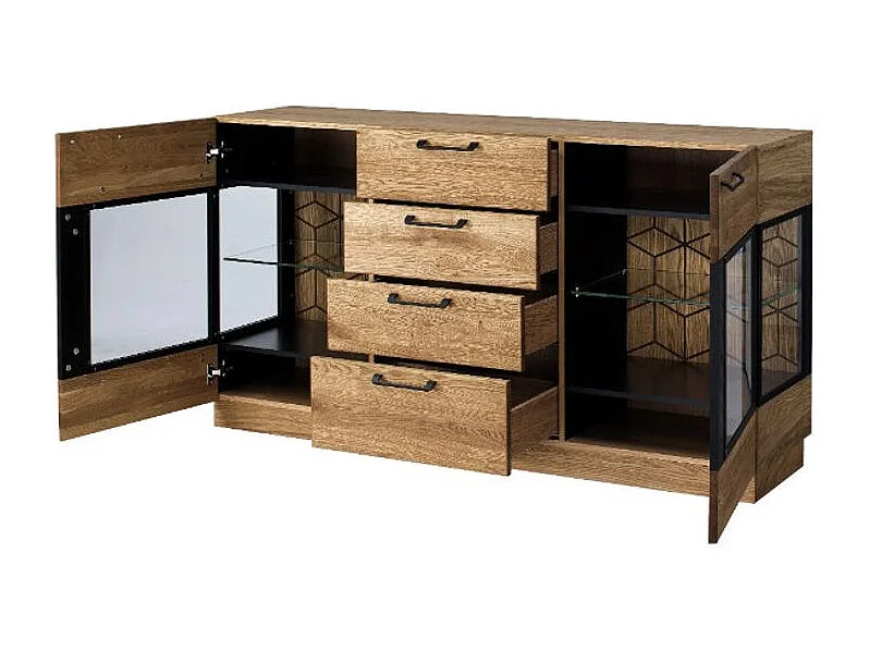 Buffet en madera de roble miel y acero negro 2 puertas 4 cajones Mazora 170 cm