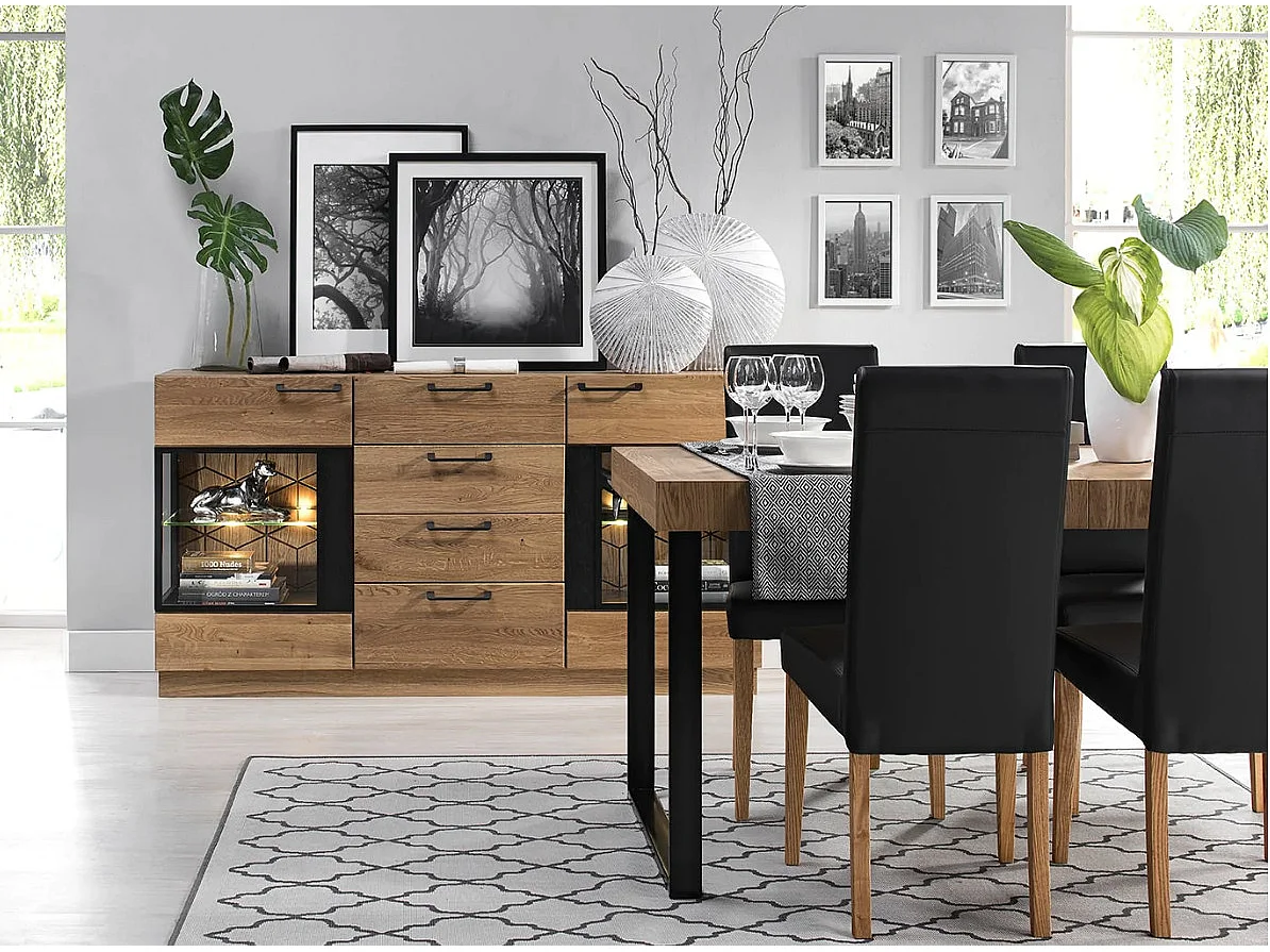 Buffet en madera de roble miel y acero negro 2 puertas 4 cajones Mazora 170 cm