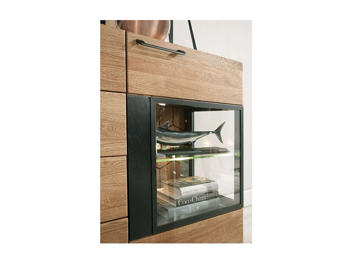 Buffet en madera de roble miel y acero negro 2 puertas 4 cajones Mazora 170 cm